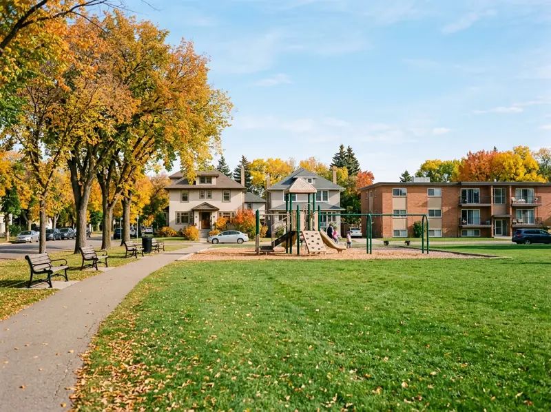 Small park with a playground, benches and fall trees bordered by older homes in Pleasant Hill