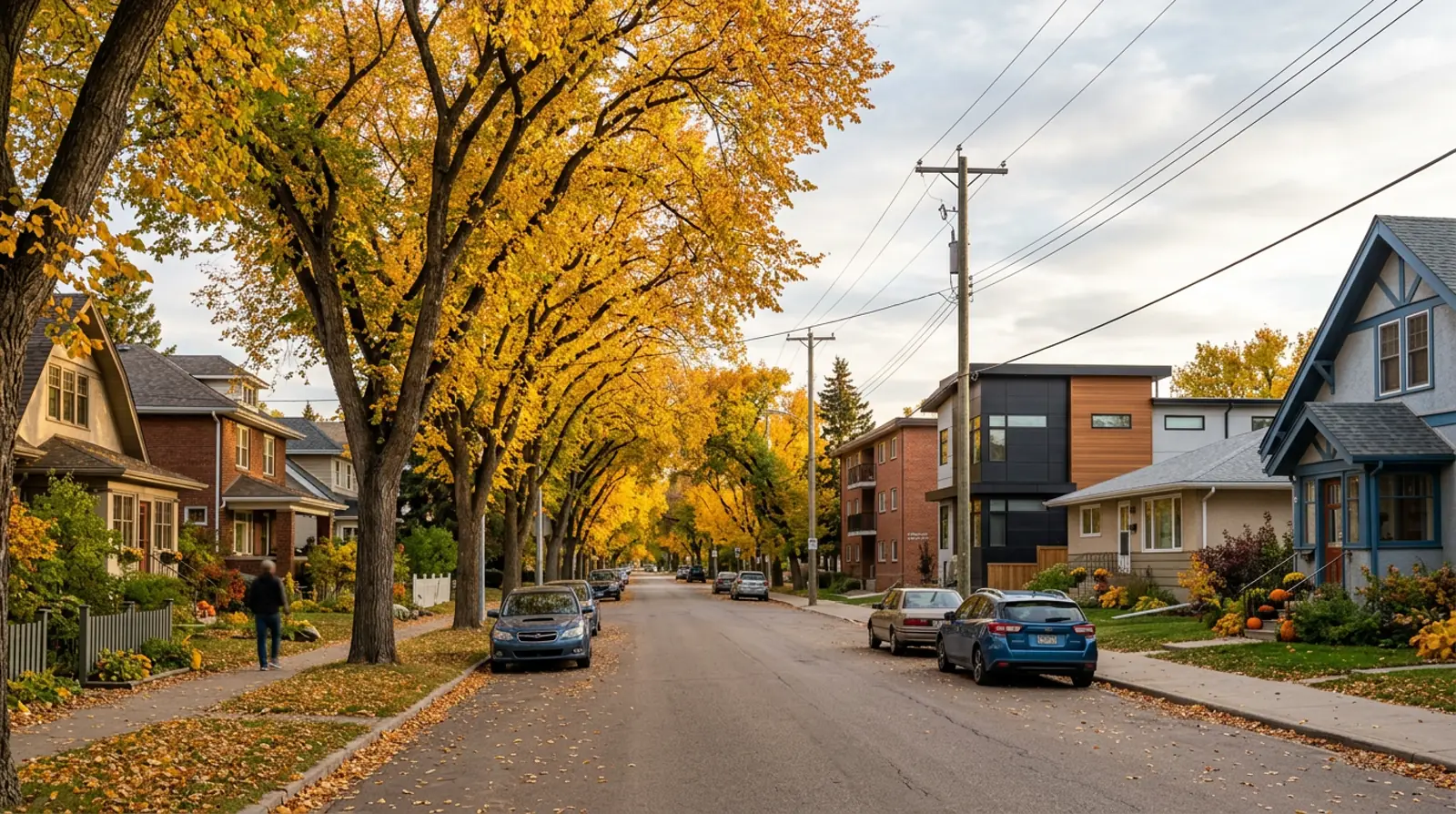 Pleasant Hill avenue with older houses, a newer infill home and a walk-up apartment under yellow fall elms