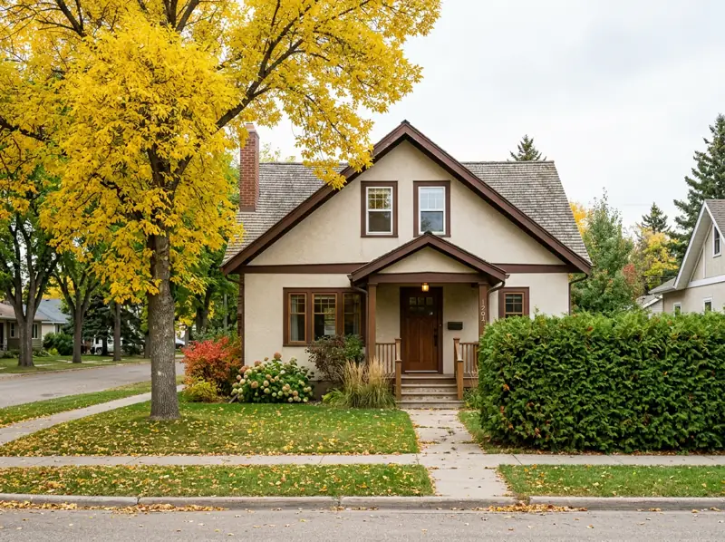 1950s storey-and-a-half character house with a gabled roof, porch and yellow fall tree in Queen Elizabeth