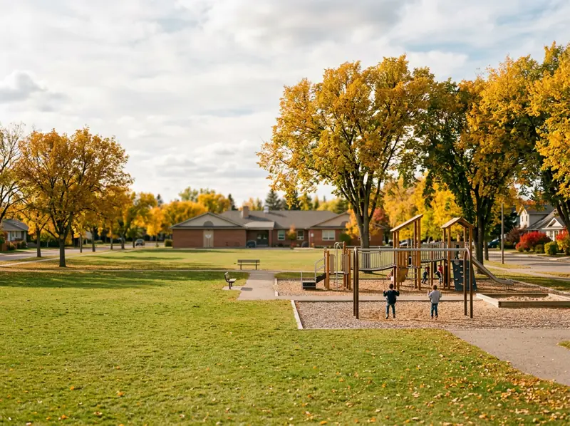 School park field and playground with gold fall trees and a low brick school behind in Queen Elizabeth
