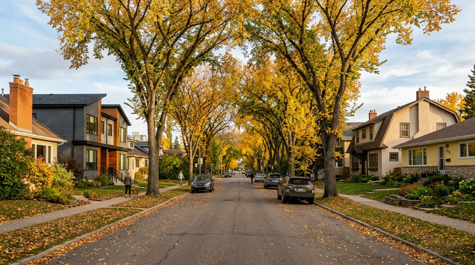 Queen Elizabeth street of 1940s and 1950s homes and a semi-detached infill pair under yellow fall elms