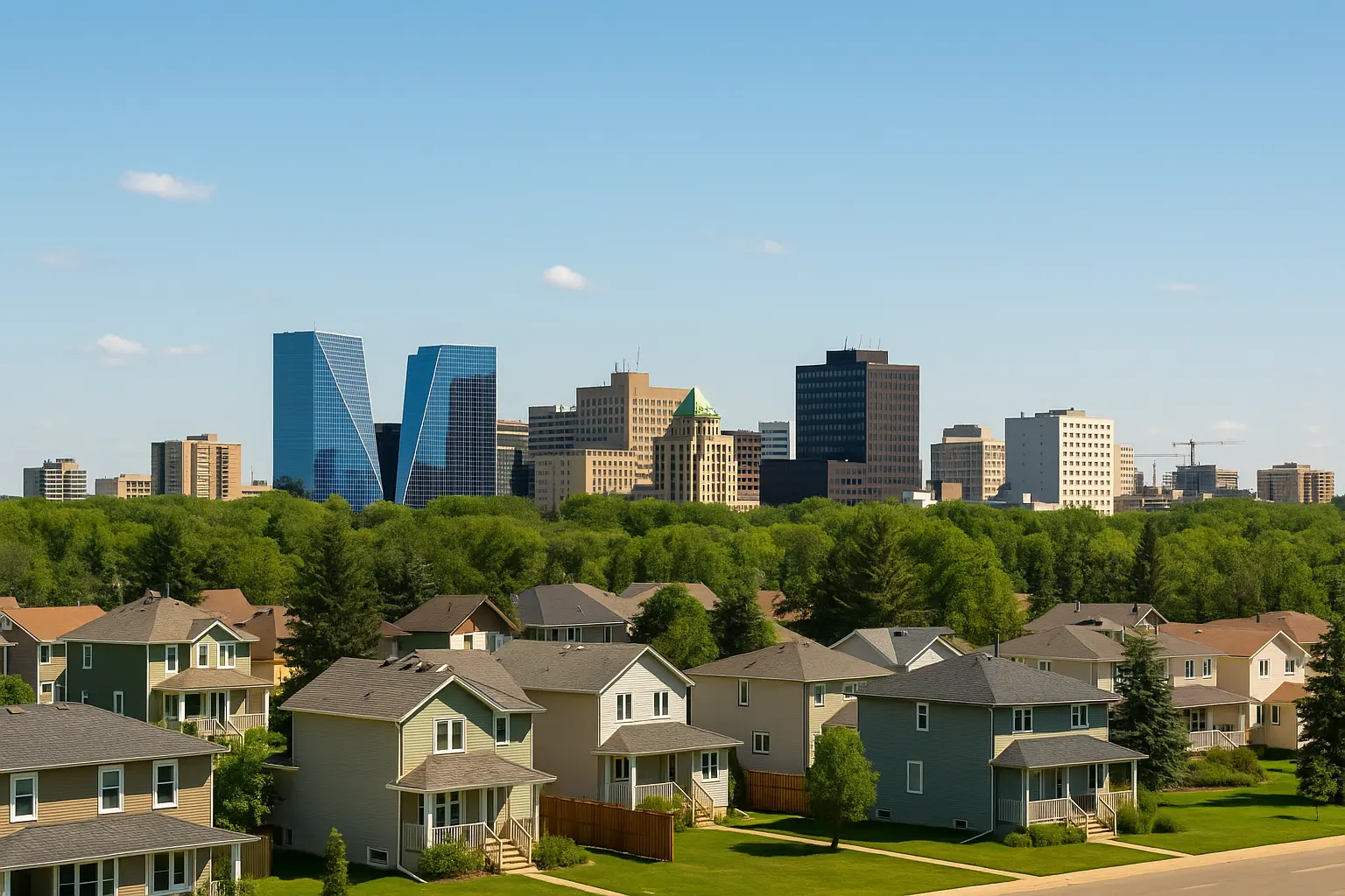 A sunny summer view of Regina, Saskatchewan with the city skyline and residential homes in the foreground.