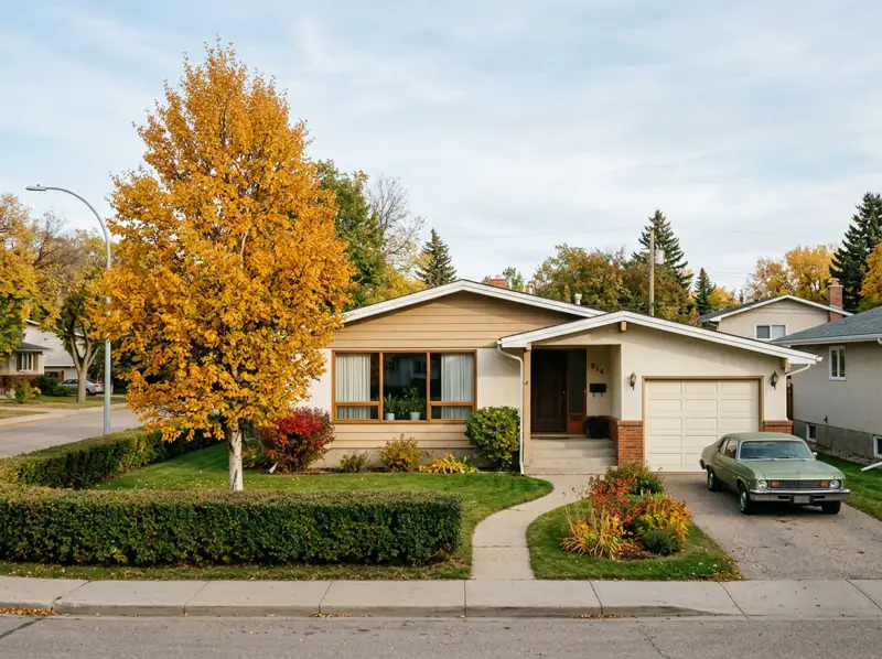 1970s bungalow with a picture window and a gold-leafed front-yard tree in Richmond Heights, Saskatoon