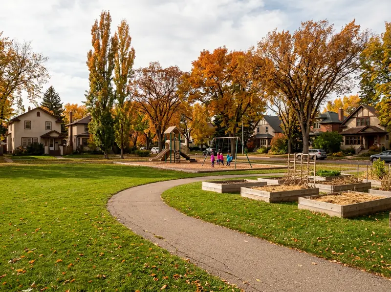 Small Richmond Heights park with a playground, paved path and fall garden beds under orange trees