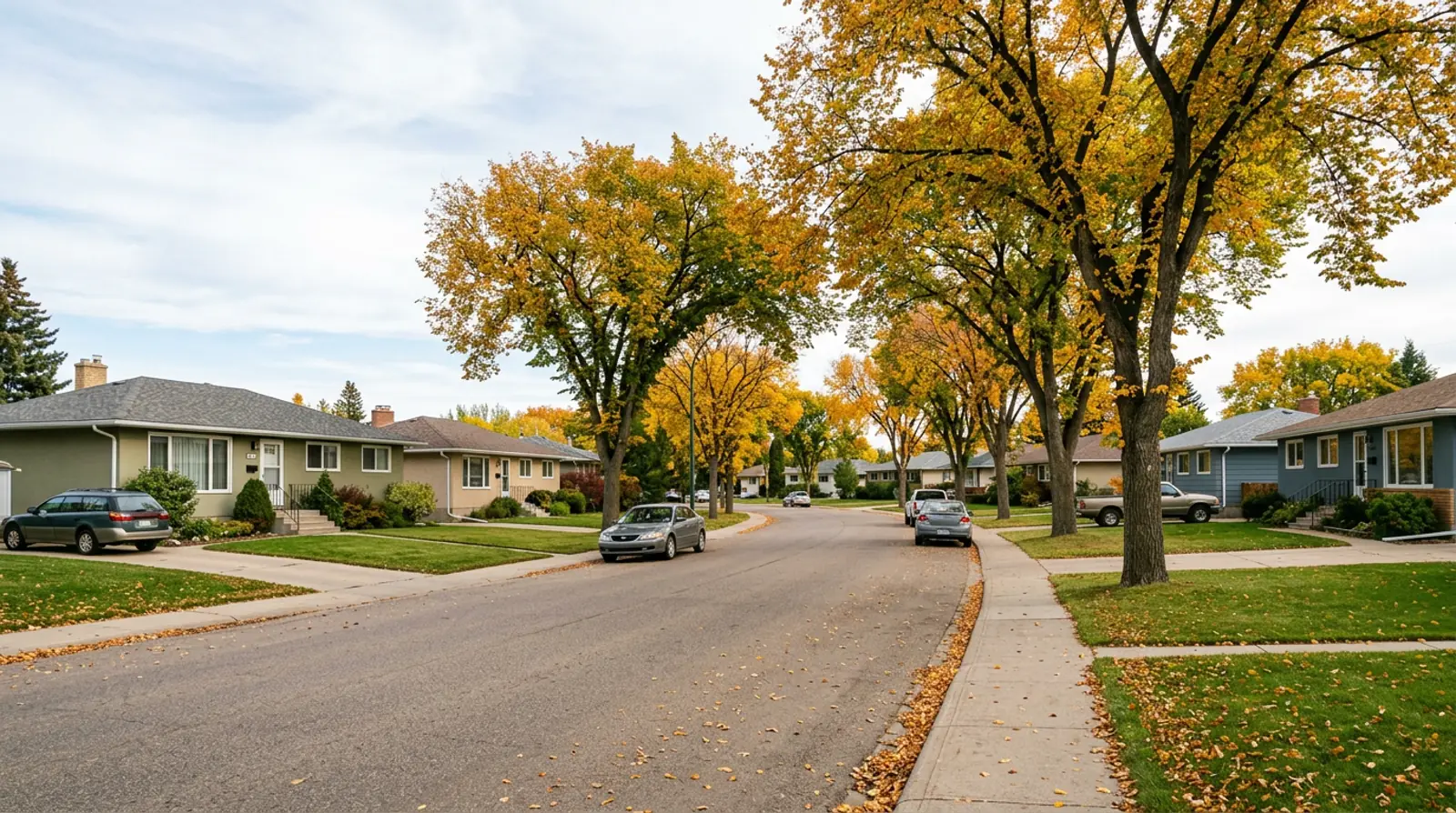 Quiet Richmond Heights street of 1960s and 1970s bungalows under mature yellow fall trees in Saskatoon