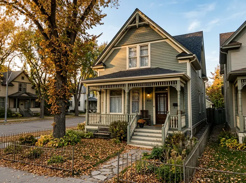 Restored character house with a gable roof and covered front porch on a narrow lot in Riversdale, Saskatoon