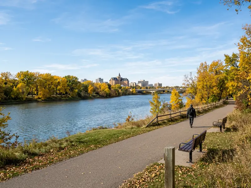 Paved riverside path with benches and yellow fall cottonwoods along the river near Riversdale