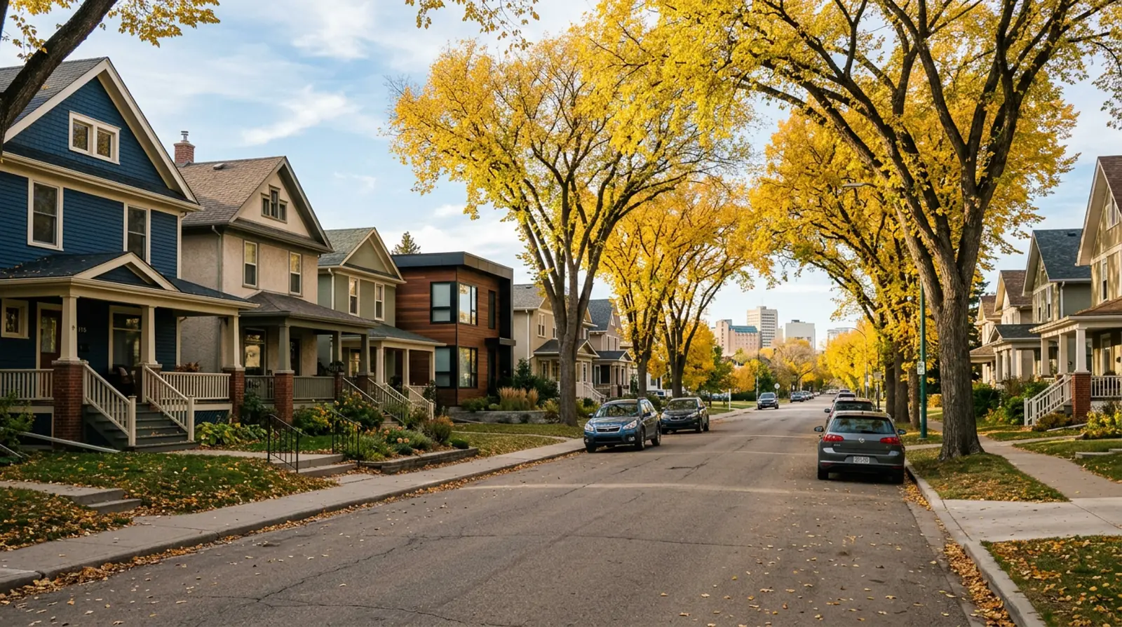 Riversdale street of older wood-frame houses and a modern infill home under yellow elms near downtown Saskatoon