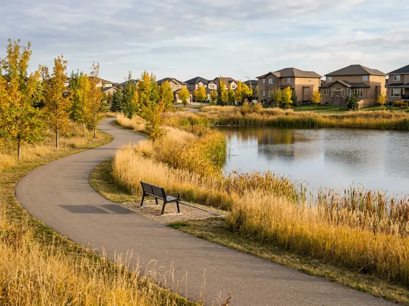 Paved path curving around a pond with golden grasses and young yellow trees in Rosewood