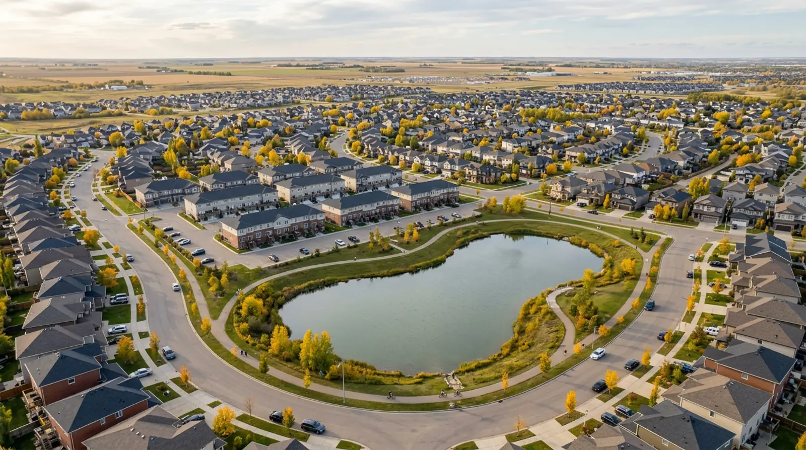 Aerial of Rosewood streets with 2010s two-storeys, duplexes and townhouses around a storm pond in Saskatoon
