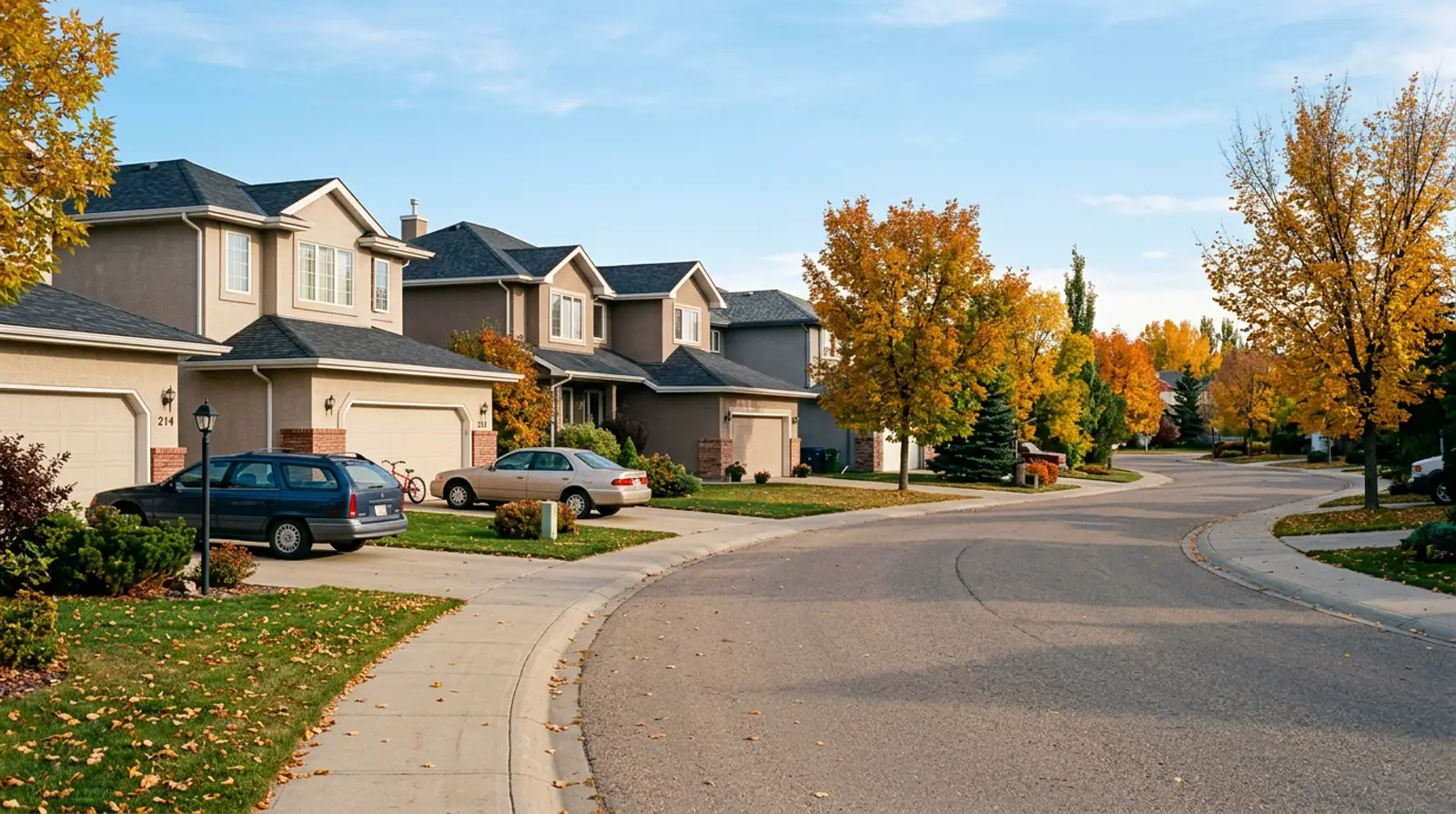Silverspring crescent of 1990s two-storey and bi-level homes with attached garages and fall trees in Saskatoon