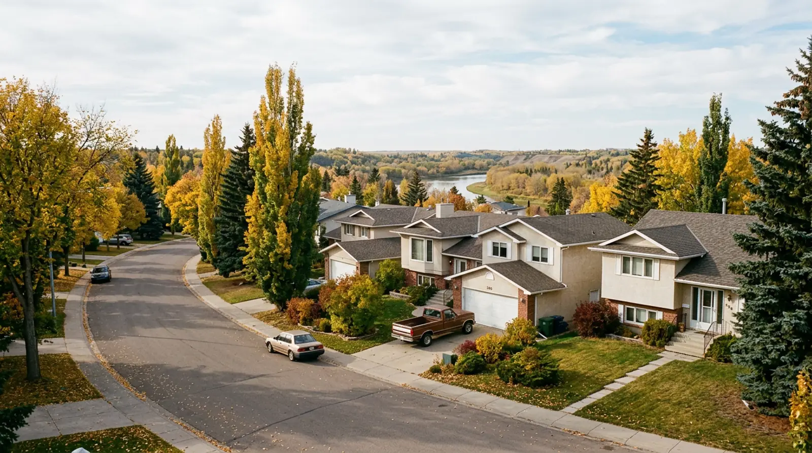 Silverwood Heights crescent of 1980s bi-level homes with golden poplars and a treed river valley in Saskatoon