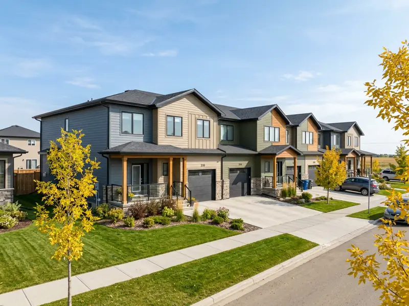 Row of modern two-storey townhomes with attached garages and young yellow trees in Stonebridge
