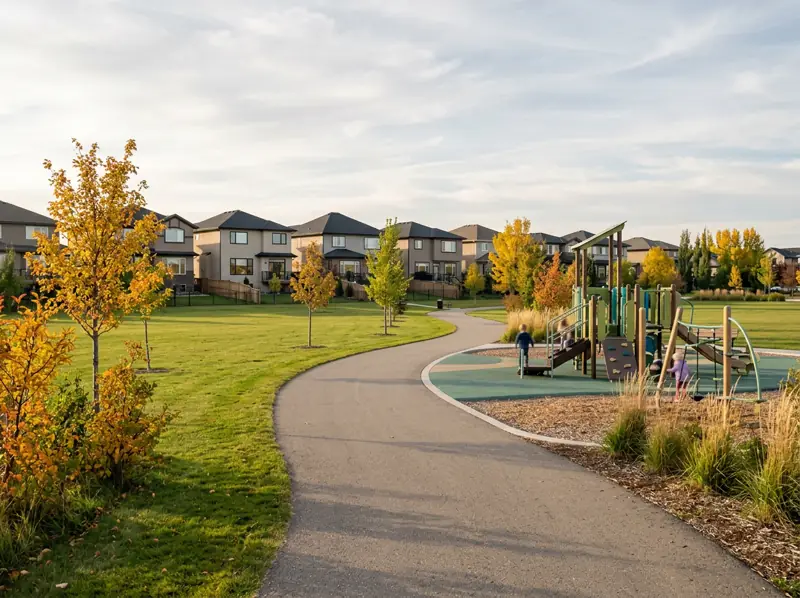 Paved walking path beside a modern playground and open grass in a Stonebridge park in fall