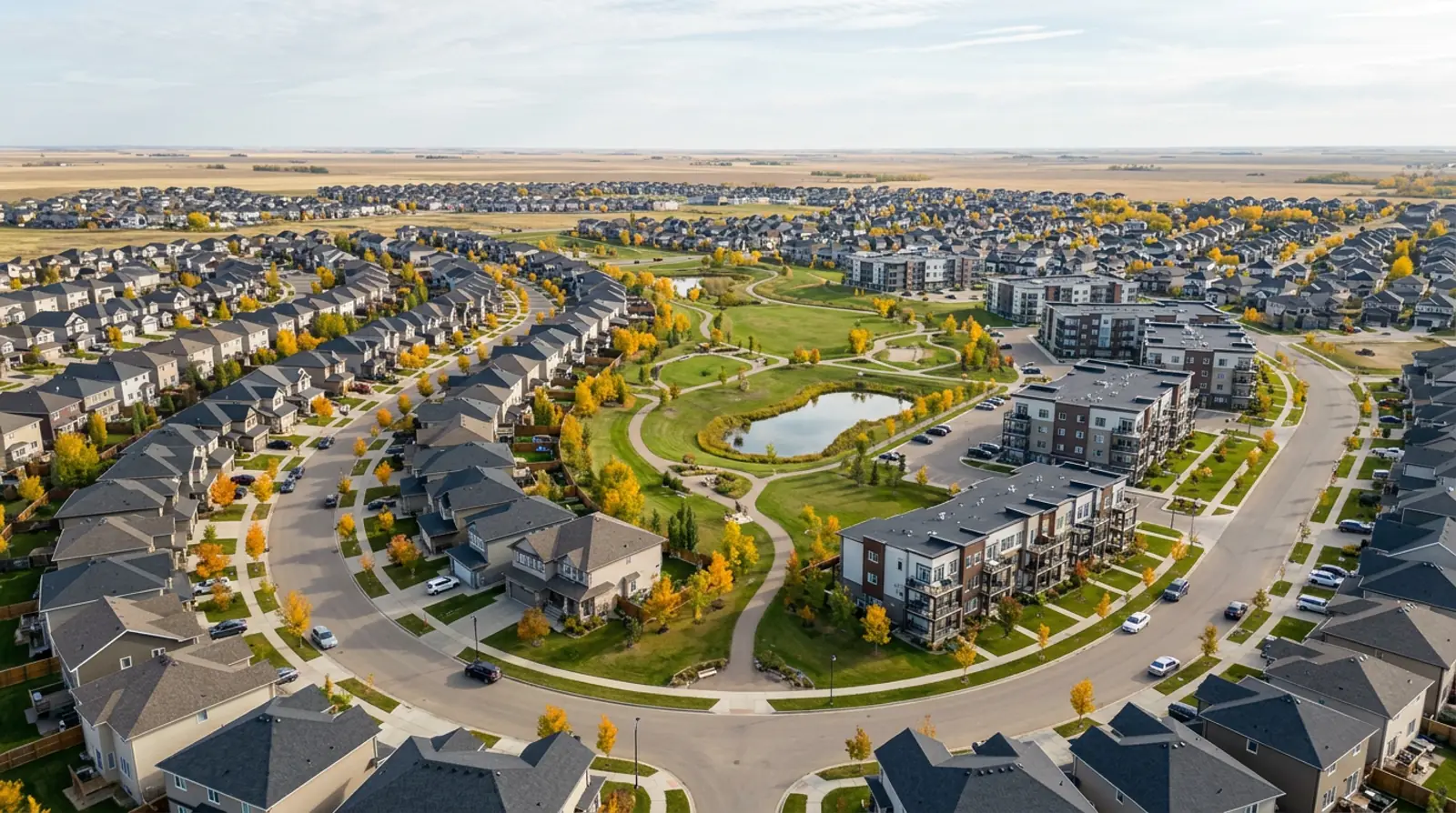 Aerial of newer two-storey homes, townhomes and low-rise condos with young fall trees in Stonebridge, Saskatoon