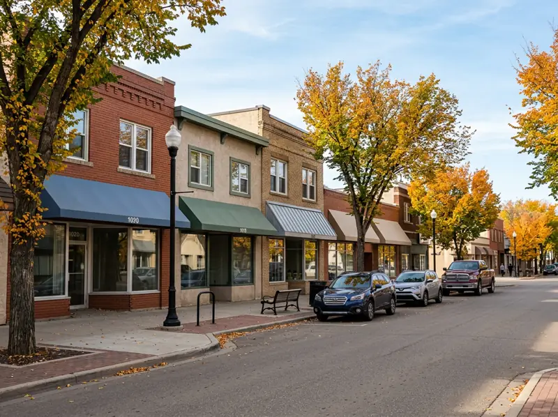 Low storefronts with awnings and yellow street trees along a main street commercial strip in Sutherland
