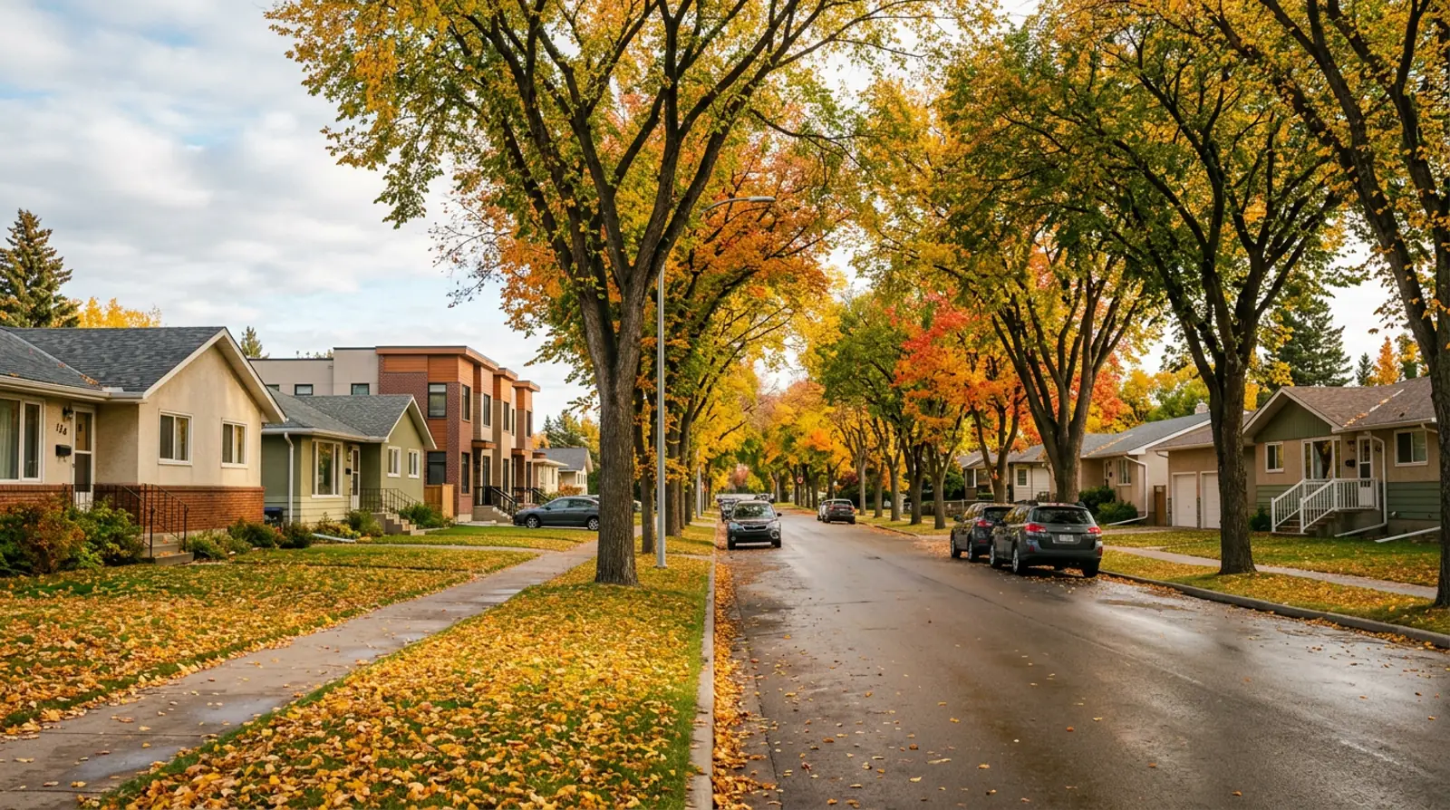 Sutherland street of older bungalows and newer townhouses under mature fall trees in Saskatoon