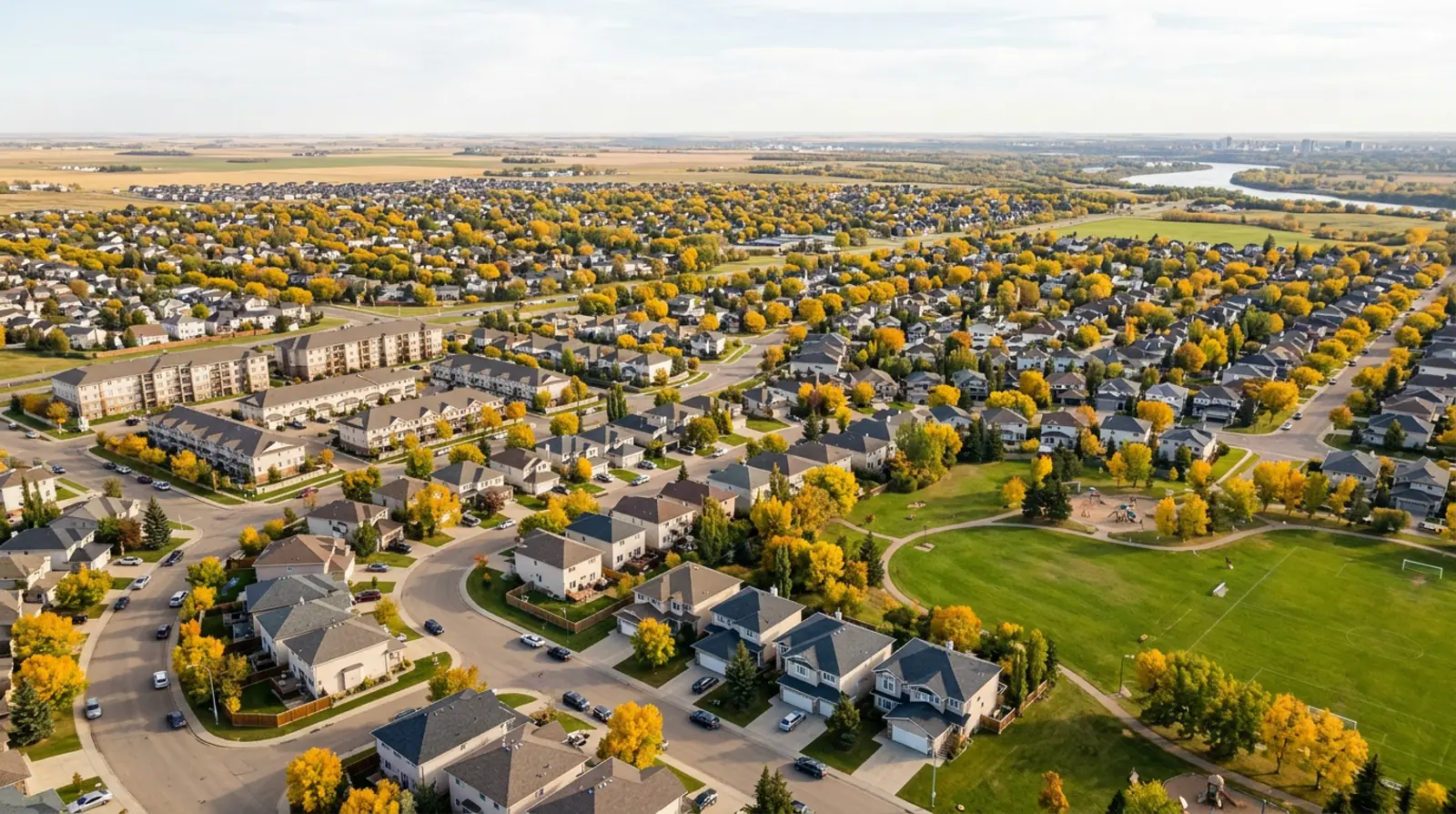 Aerial of 1990s and 2000s suburban homes, townhomes and condos with fall trees in University Heights, Saskatoon