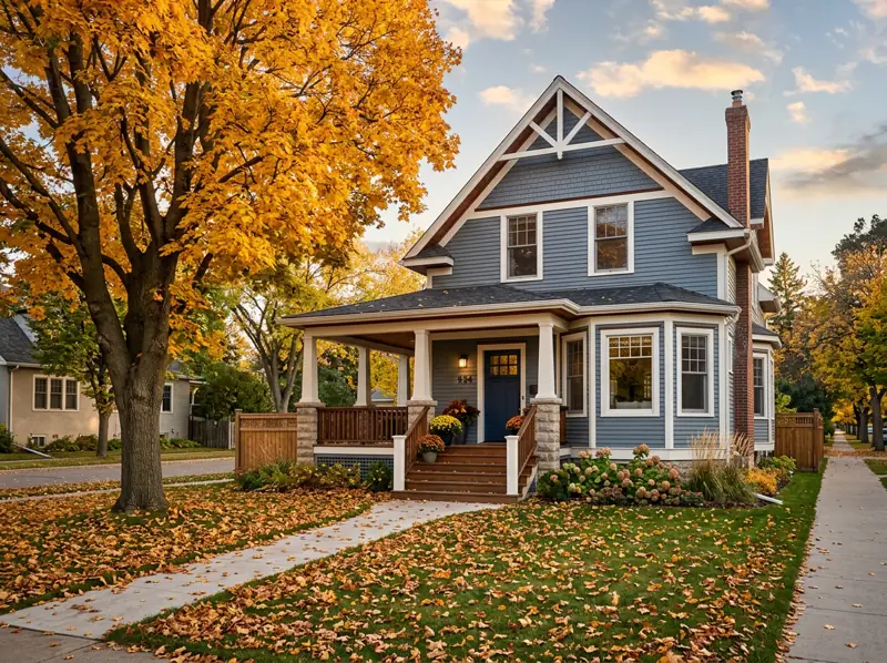 Restored early 1900s two-storey house with a covered front porch and gold fall tree in Varsity View