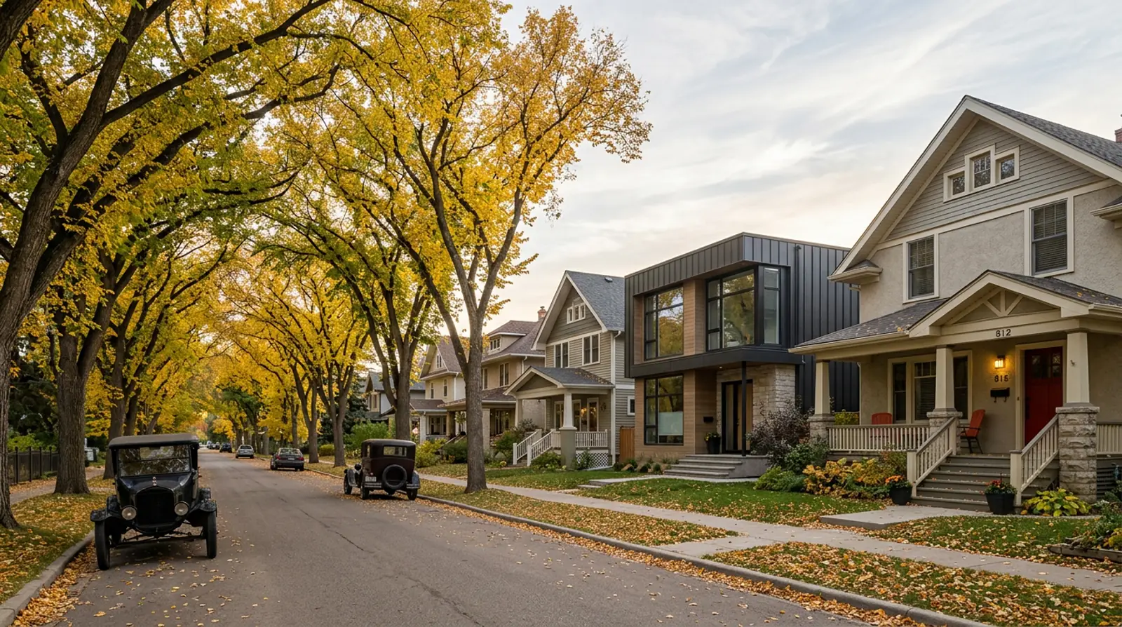 Varsity View street of heritage two-storey homes and modern infill under arching yellow elms in Saskatoon