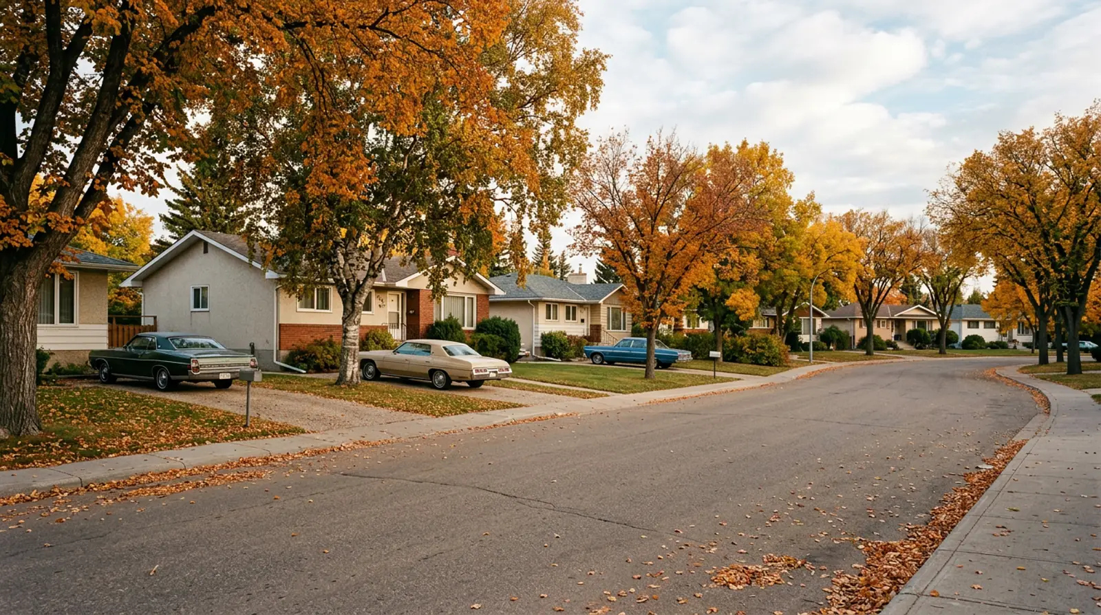 Crescent of 1960s and 70s bungalows and split-levels under mature fall trees in West College Park, Saskatoon